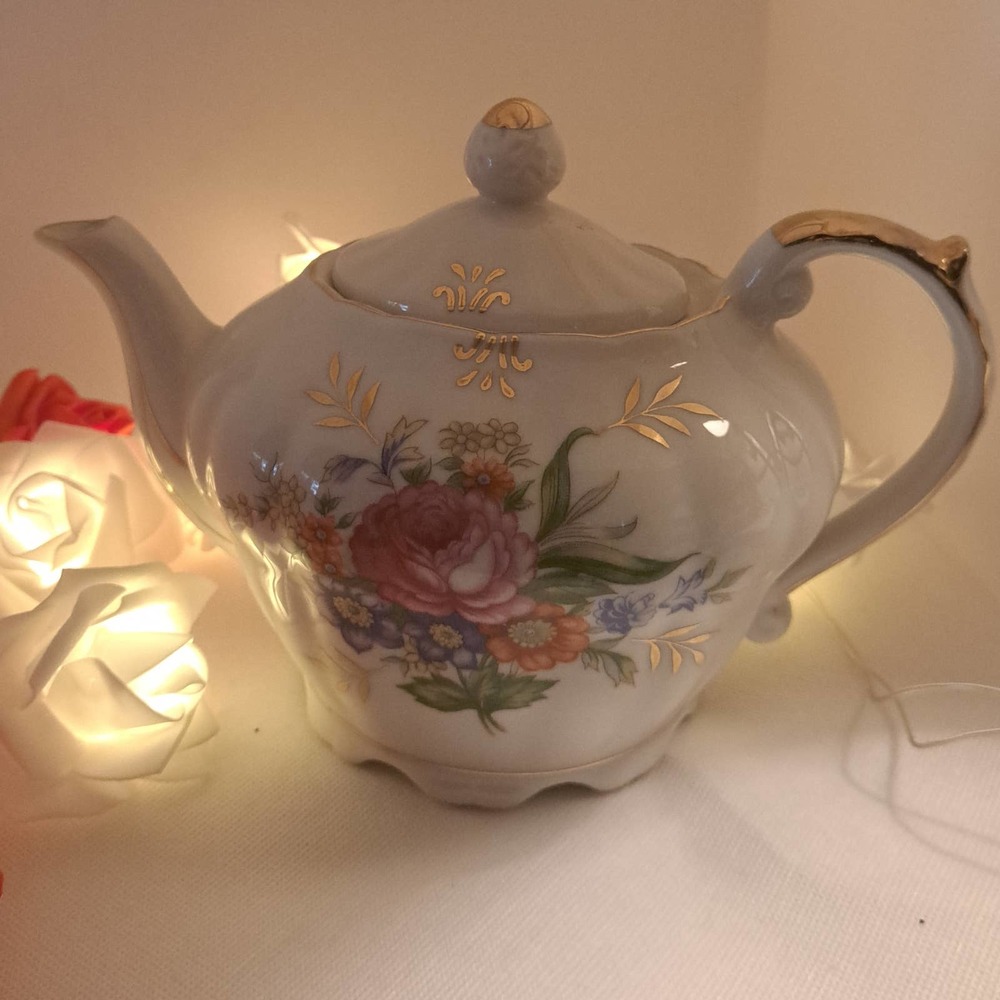 Elegant Vintage Musical Teapot with Bouquet and Gold Luster Lined Top